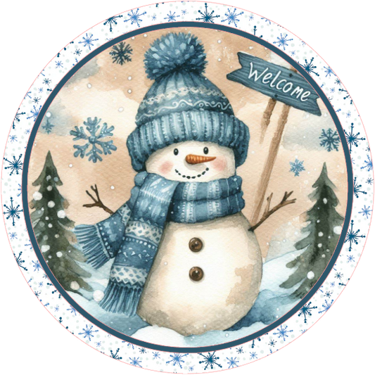 Snowman, trees, and snowflakes on a white background.