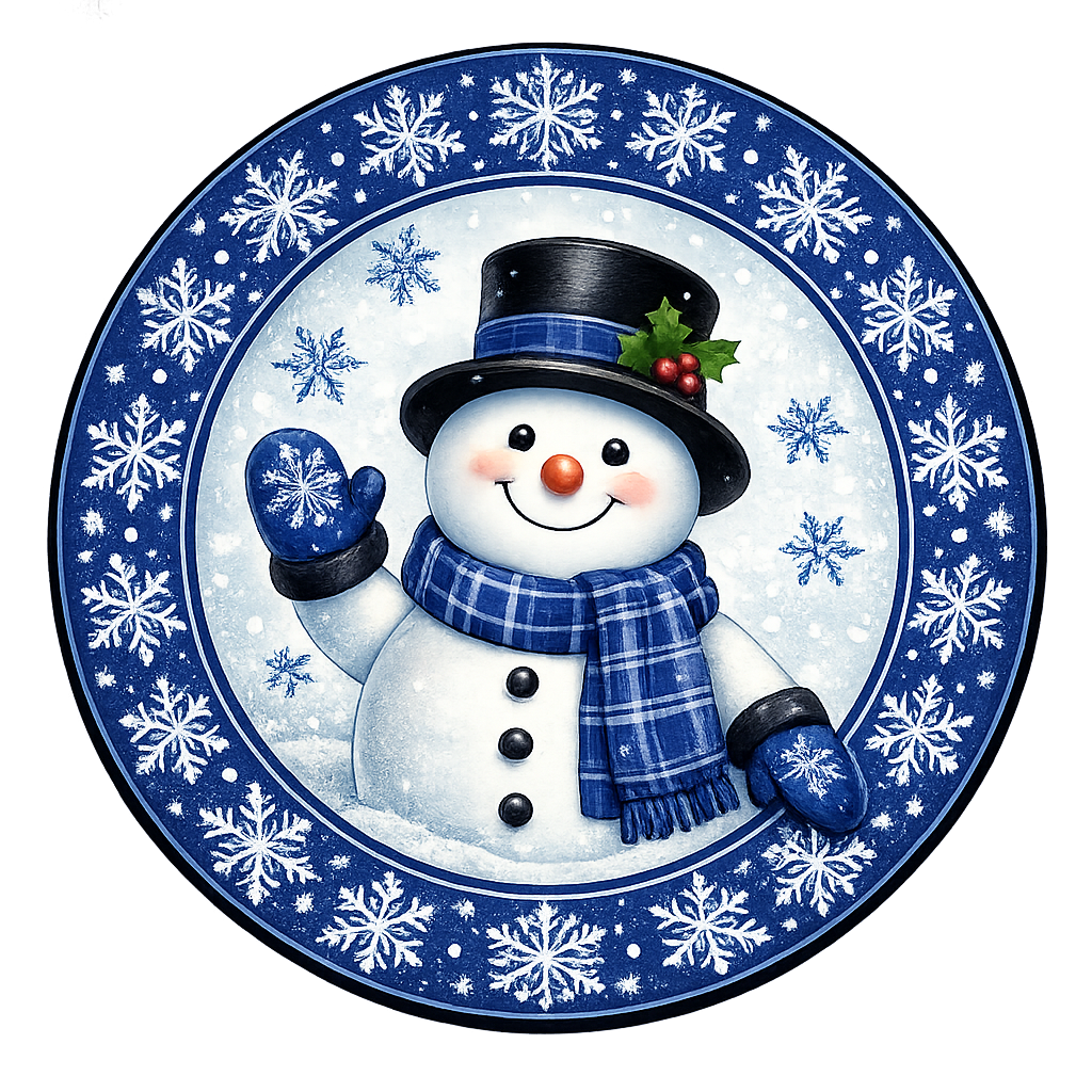 Round metal wreath sign featuring a blue themed snowman with snowflakes and plaid by Monkey's Creations. 