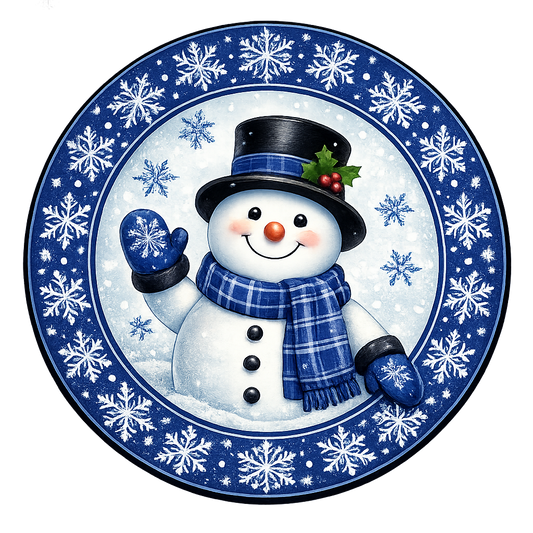 Round metal wreath sign featuring a blue themed snowman with snowflakes and plaid by Monkey's Creations. 