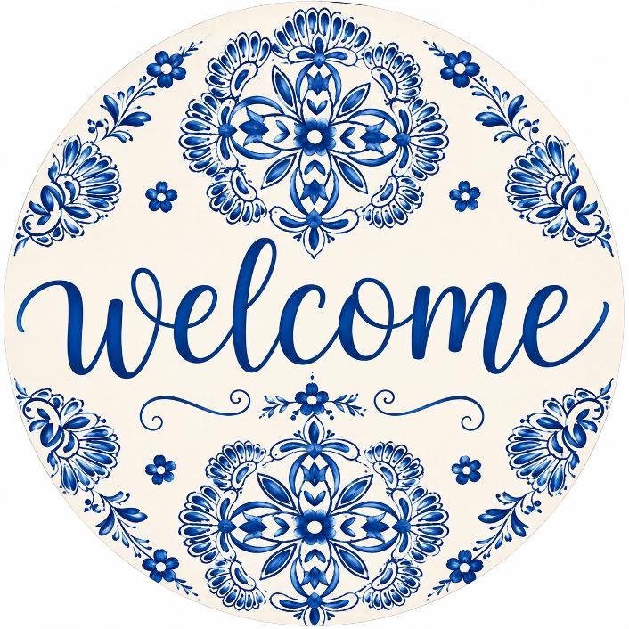 Round metal wreath sign featuring a blue and creme chinoiserie style porcelain tile pattern with "welcome" by Monkey's Creations. 