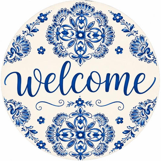 Round metal wreath sign featuring a blue and creme chinoiserie style porcelain tile pattern with "welcome" by Monkey's Creations. 