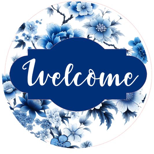 Round blue welcome sign with floral design on a white background