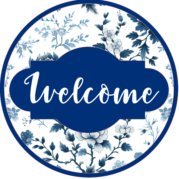 Circular design with floral elements and the word 'Welcome' on a white background