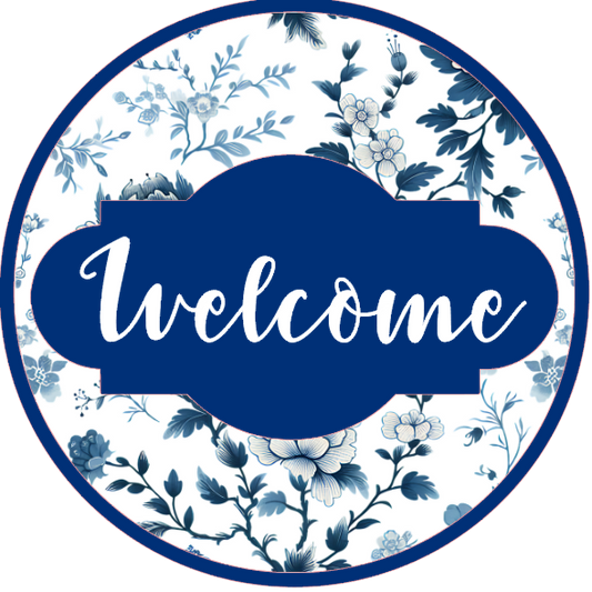 Circular design with floral elements and the word 'Welcome' on a white background