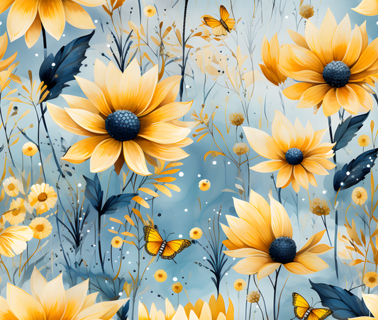Pattern of yellow flowers and butterflies on a blue background