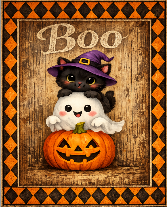 Rectangle Halloween-themed metal wreath sign with a black cat, ghost, and pumpkin on a wooden background by Monkey's Creations.