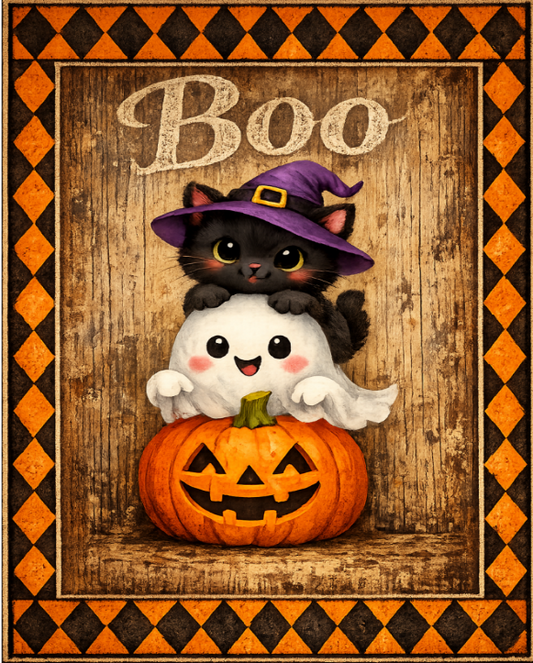 Rectangle Halloween-themed metal wreath sign with a black cat, ghost, and pumpkin on a wooden background by Monkey's Creations.