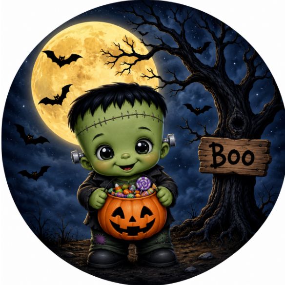 Round metal wreath sign with a young Frankenstein carry Halloween candy and a sign with the text "boo" by Monkey's Creations. 