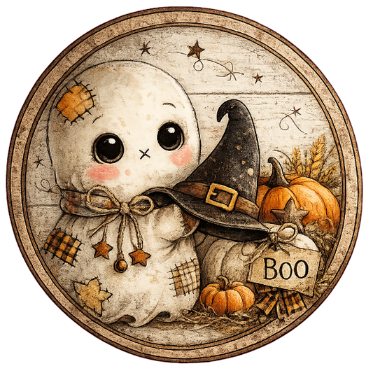 Round metal wreath sign featuring a rustic vintage patchwork ghost with a witch hat, pumpkins and the text "boo" by Monkey's Creations. 