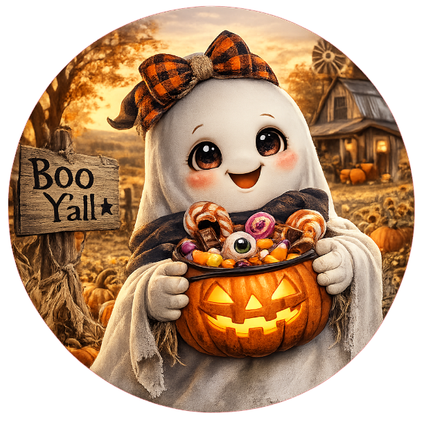 Round metal wreath sign with a ghost, a "boo y'all" sign and Halloween elements by Monkey's Creations. 