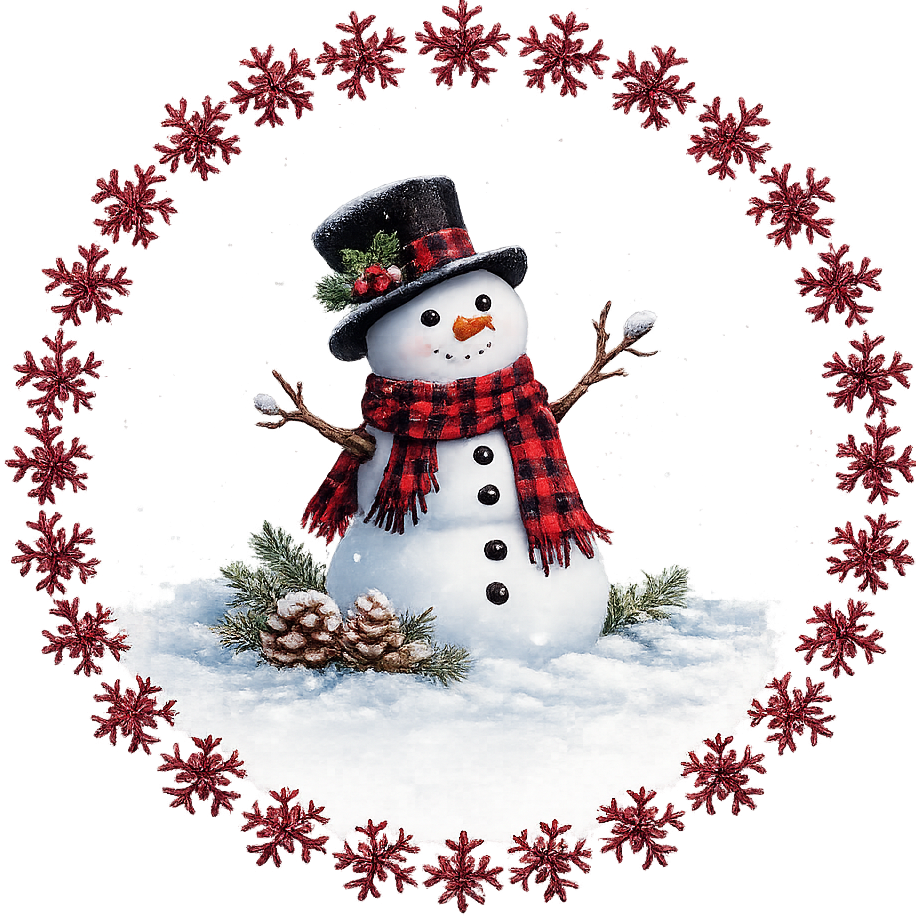Round metal wreath sign with a buffalo plaid snowman and pine combs by Monkey's Creations. 