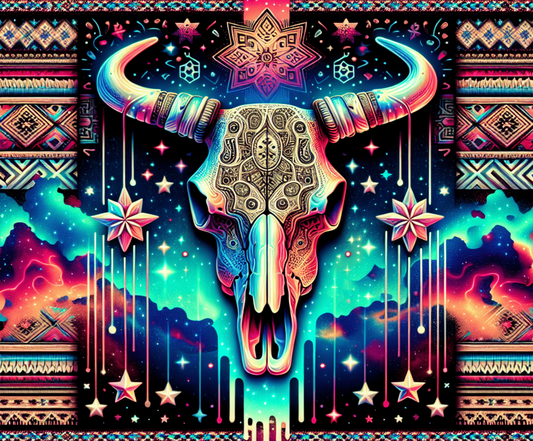 Colorful bull skull with intricate patterns against a vibrant, abstract background.