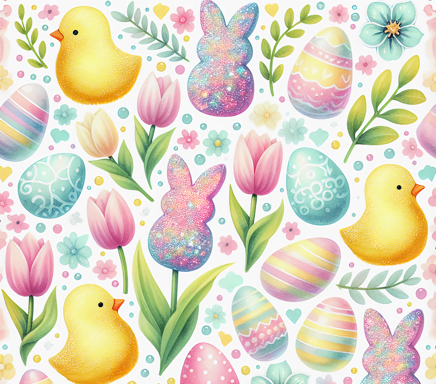 Colorful Easter pattern with bunnies, eggs, and flowers on a light pink background