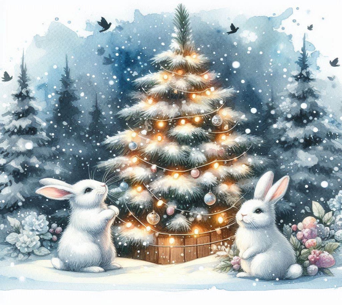 Two white rabbits sitting in front of a decorated Christmas tree in a snowy forest.