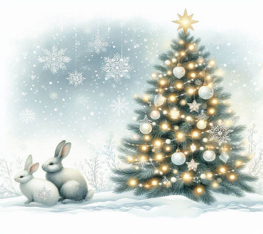 Two rabbits sitting in the snow next to a decorated Christmas tree with snowflakes falling.