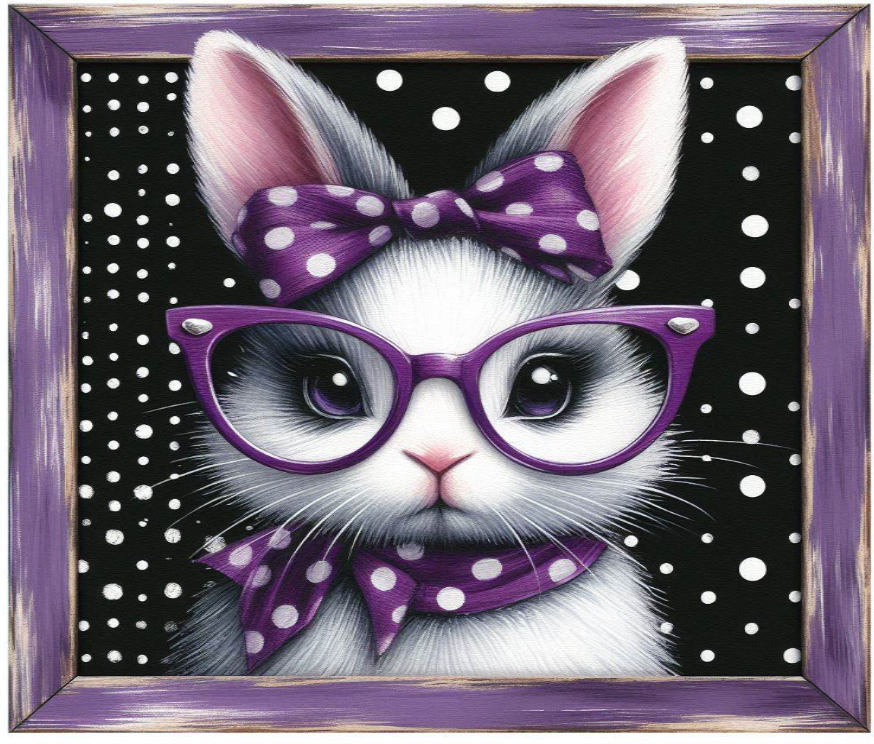 Cartoon cat with purple glasses and bow tie on a black background