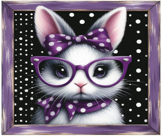 Cartoon cat with purple glasses and bow tie on a black background