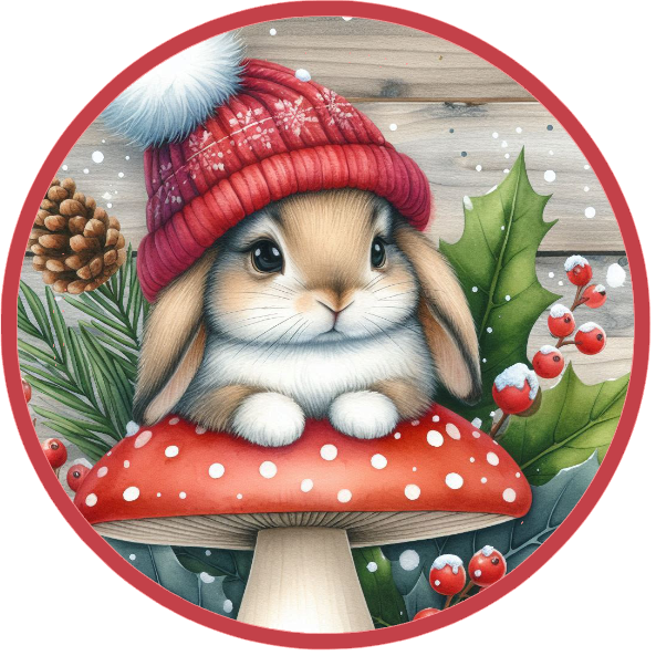 Rabbit wearing a red hat on a mushroom with Christmas elements.