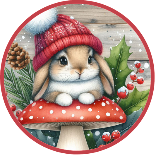 Rabbit wearing a red hat on a mushroom with Christmas elements.