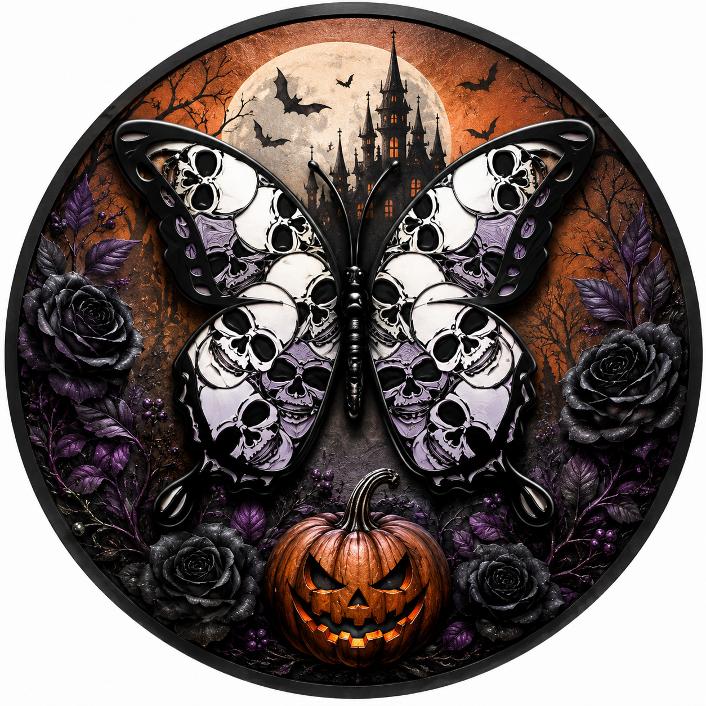 Round metal wreath sign with a haunted castle, black roses, a sinister jack o lantern and a skull winged butterfly by Monkey's Creations. 