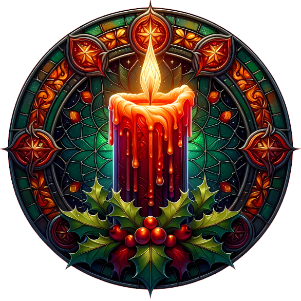 Decorative candle with holly leaves on a white background