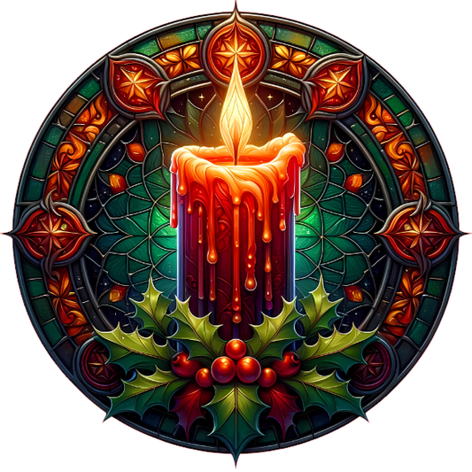 Decorative candle with holly leaves on a white background