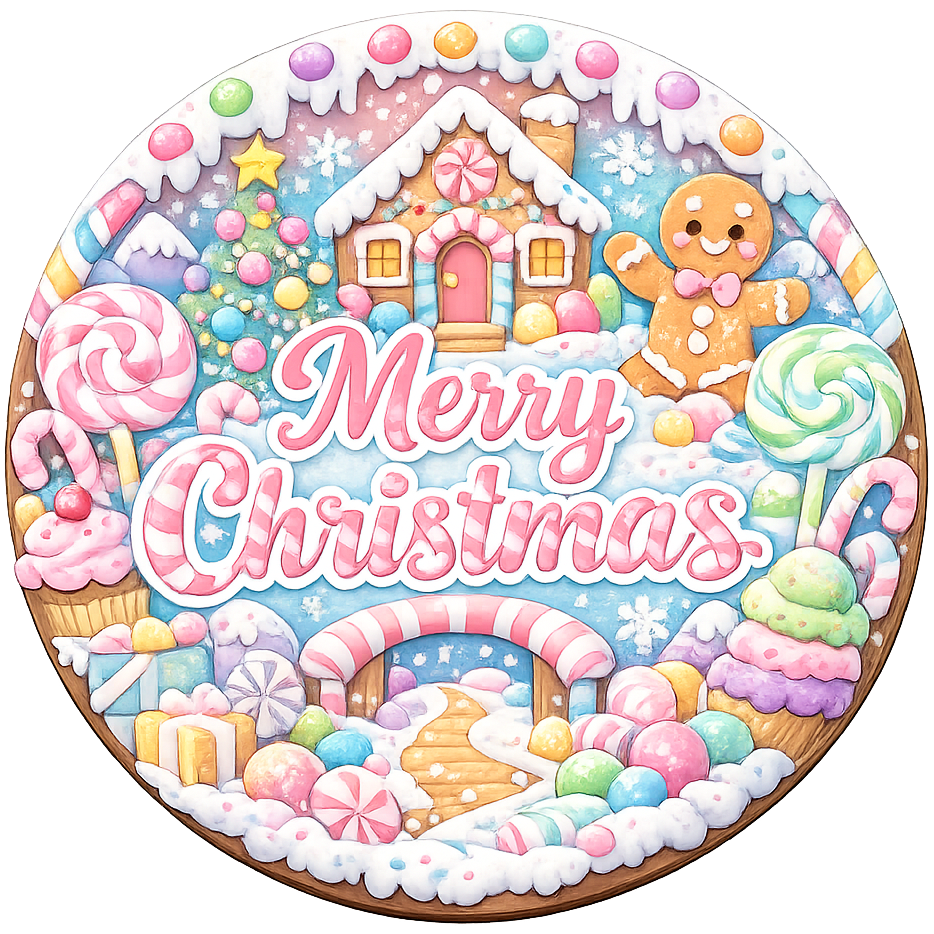Round metal wreath sign featuring candy and gingerbread in pastel colors by Monkey's Creations. 