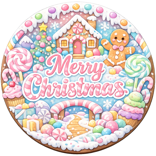 Round metal wreath sign featuring candy and gingerbread in pastel colors by Monkey's Creations. 
