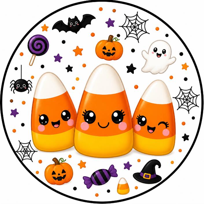 Round metal wreath sign featuring a trio of adorable candy corn with Halloween elements by Monkey's Creations. 