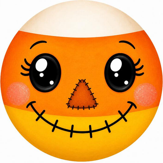 Round metal wreath sign with a candy corn themed scarecrow character face by Monkey's Creations. 
