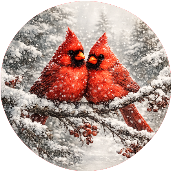 Round metal wreath sign featuring two cardinals on a branch in a snow scene by Monkey's Creations. 
