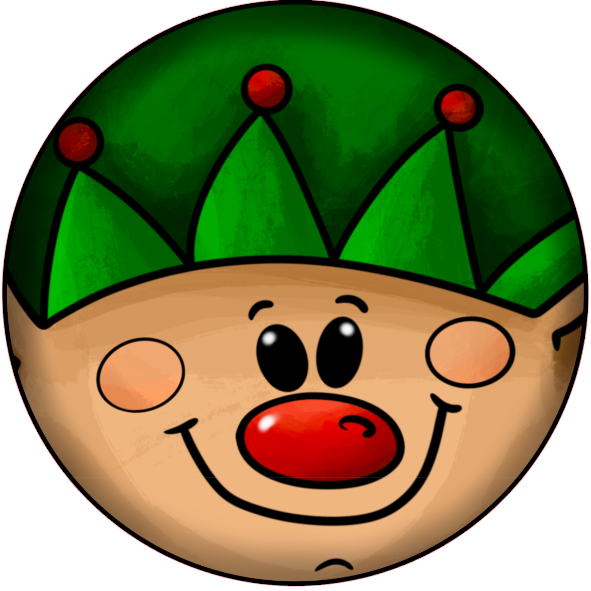 round metal wreath sign cartoon elf wearing a green hat