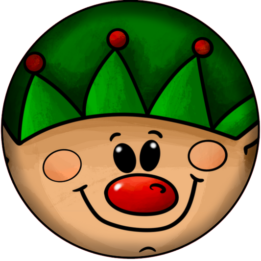 round metal wreath sign cartoon elf wearing a green hat