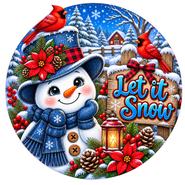 Round metal wreath sign with a cartoon snowman, cardinals, winter elements and "let it snow" by Monkey's Creations. 