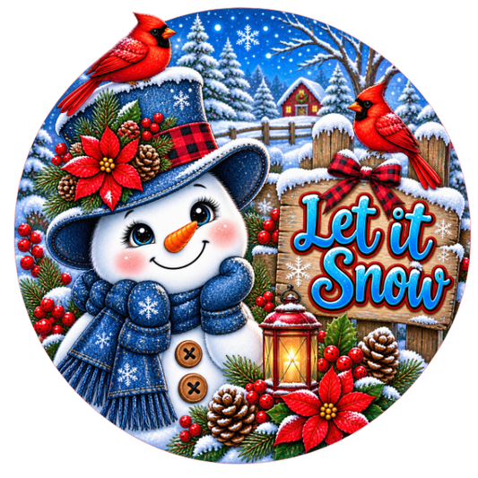 Round metal wreath sign with a cartoon snowman, cardinals, winter elements and "let it snow" by Monkey's Creations. 