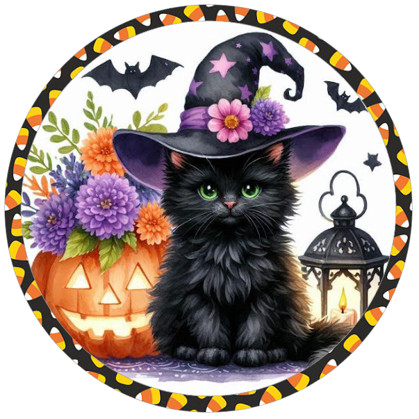 Halloween themed black cat in a witch hat, pumpkins, and flowers 
