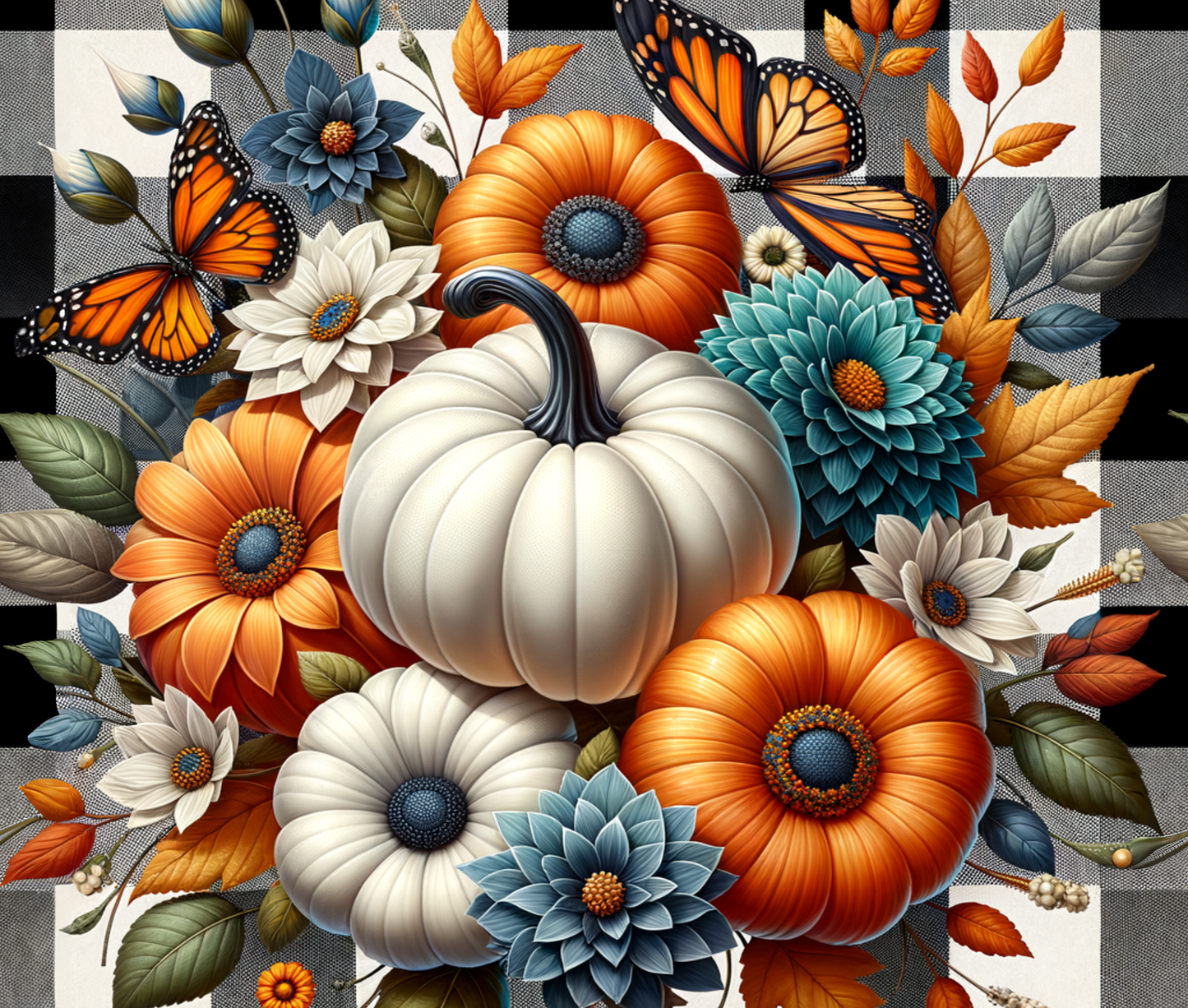 Autumn-themed design with pumpkins, flowers, and butterflies on a checkered background