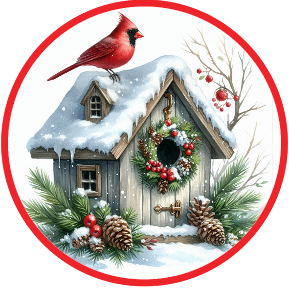 Winter scene with a small house, cardinal, and Christmas decorations on a white background.