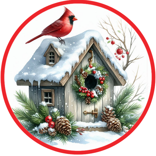 Winter scene with a small house, cardinal, and Christmas decorations on a white background.