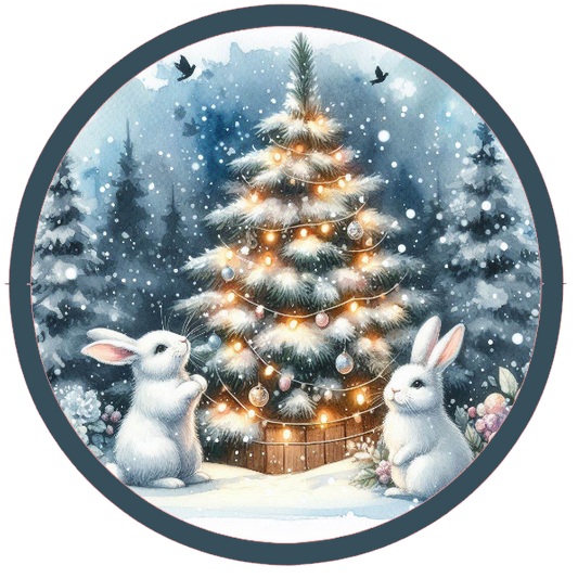Two rabbits near a decorated Christmas tree in a snowy scene.