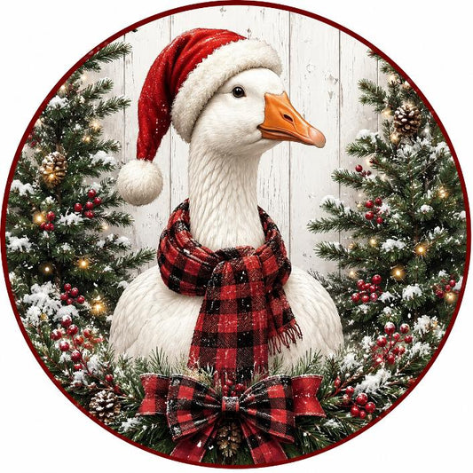 Round metal wreath sign by Monkey's Creations wearing a Santa hat with winter elements for Christmas. 