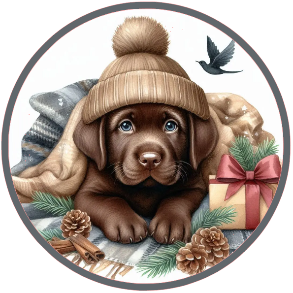 Illustration of a puppy wearing a winter hat with Christmas elements on a white background
