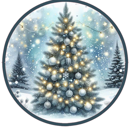 Design of a Christmas tree with lights and snowflakes on a white background