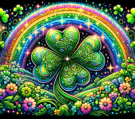 Colorful illustration of a rainbow, shamrock, and flowers with a magical glow.