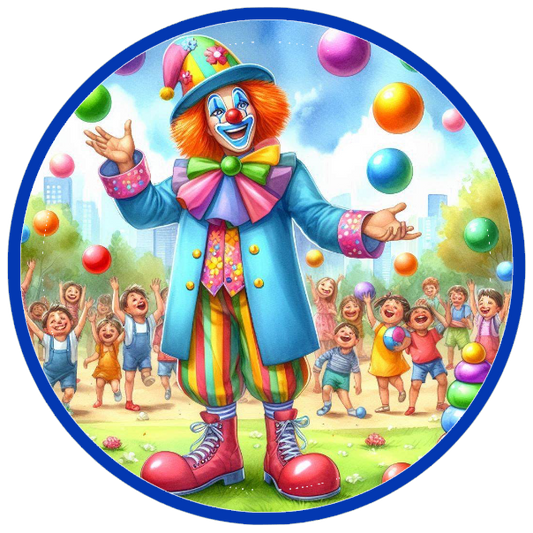 Colorful clown juggling balls with children in the background 