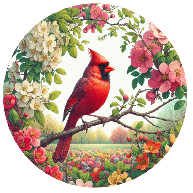Cardinal bird on a branch with flowers and a field in the background