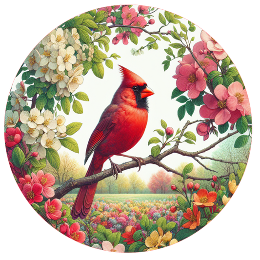 Cardinal bird on a branch with flowers and a field in the background