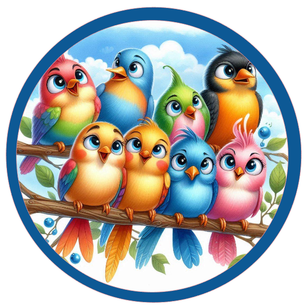 Round metal wreath sign with colorful birds on a branch by Monkey's Creations.