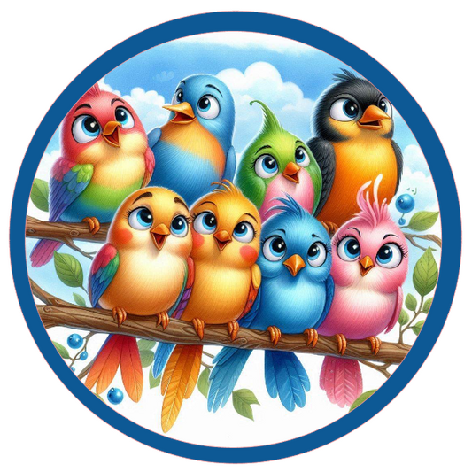 Round metal wreath sign with colorful birds on a branch by Monkey's Creations.