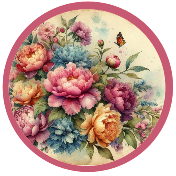 Round metal wreath sign with multicolored pastel peonies by Monkey's Creations. 